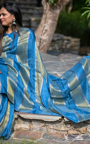 Blue Pure Tissue Saree with All-Over Zari Weaving