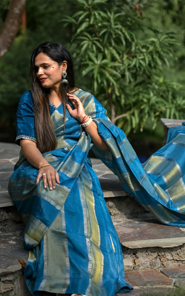 Blue Pure Tissue Saree with All-Over Zari Weaving