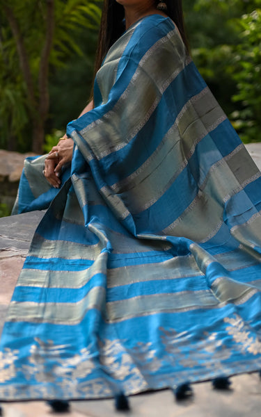Blue Pure Tissue Saree with All-Over Zari Weaving