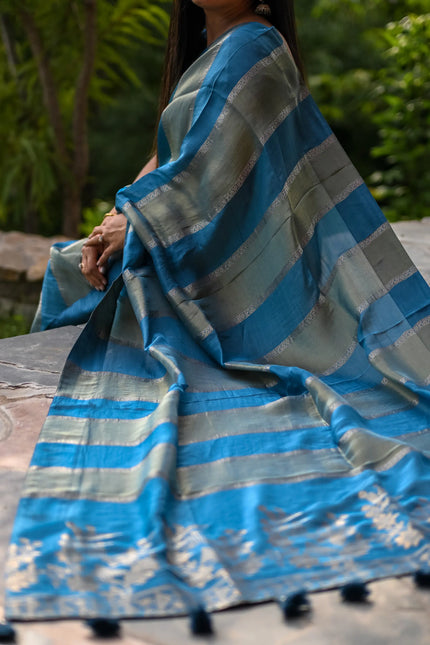 Blue Pure Tissue Saree with All-Over Zari Weaving