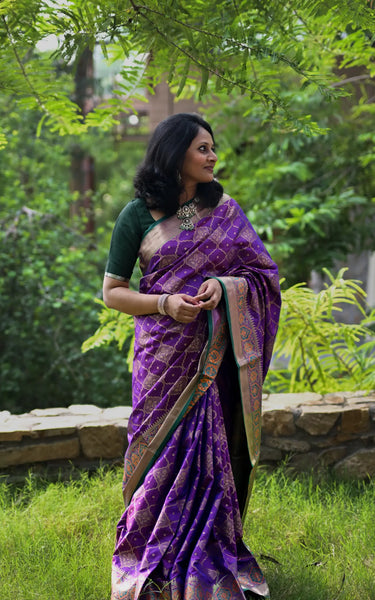Dark Purple Banarasi Silk Saree with Zari Jaal Buttas