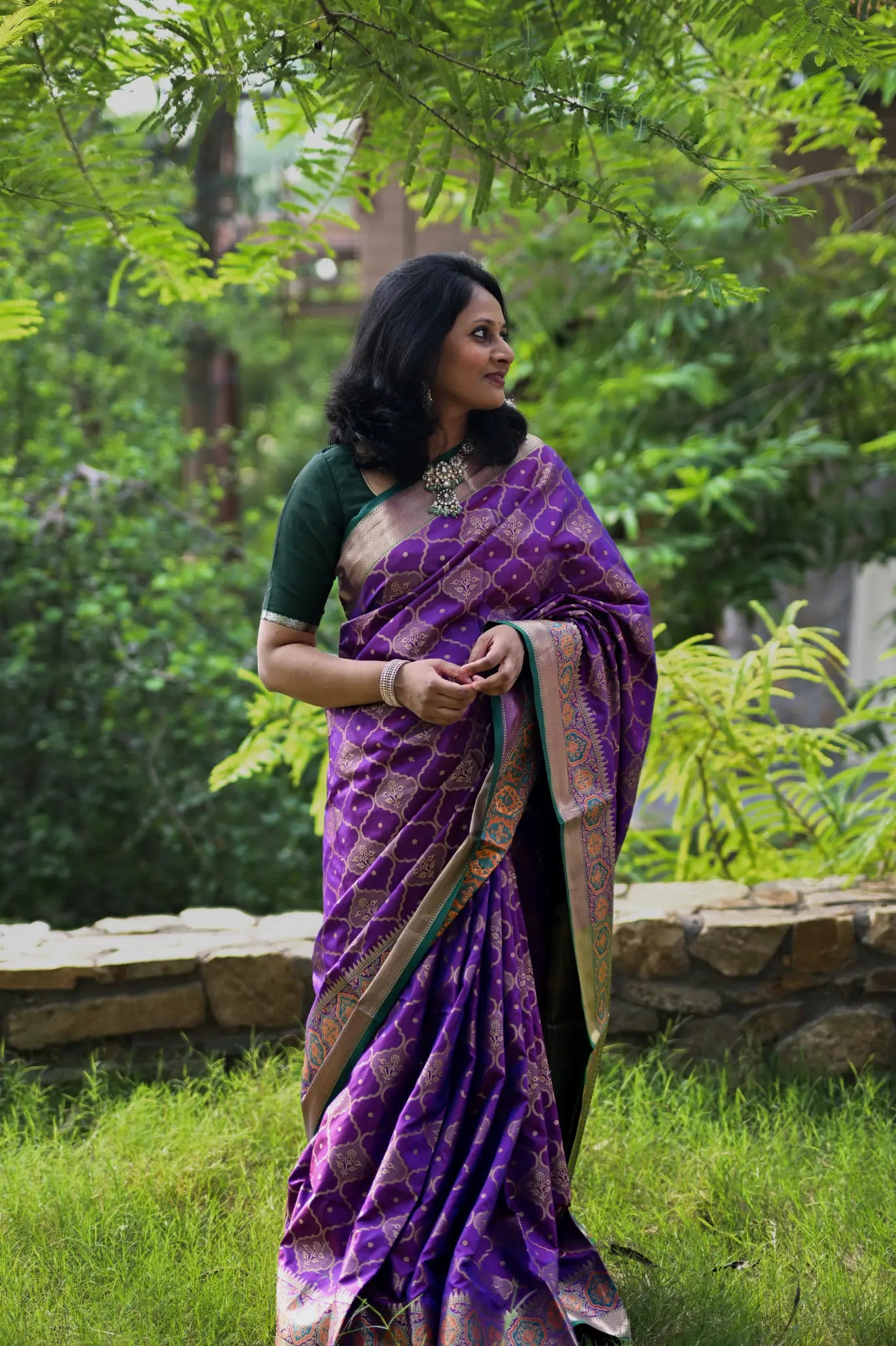 Dark Purple Banarasi Silk Saree with Zari Jaal Buttas