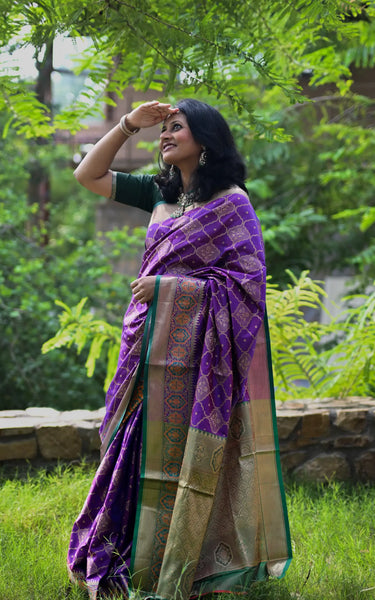 Dark Purple Banarasi Silk Saree with Zari Jaal Buttas