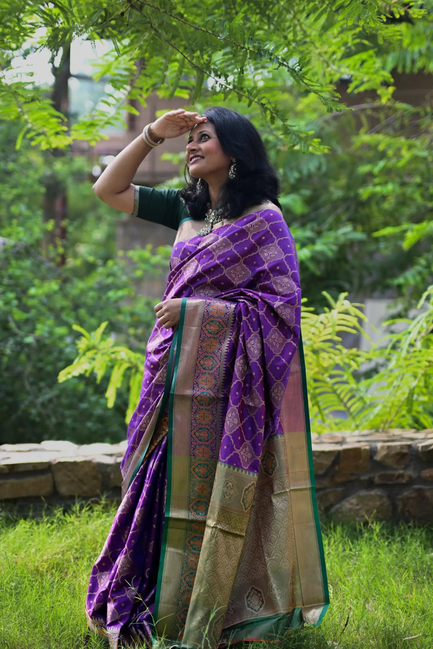 Dark Purple Banarasi Silk Saree with Zari Jaal Buttas