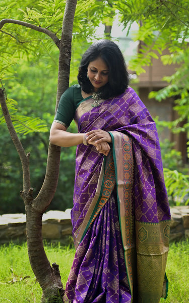 Dark Purple Banarasi Silk Saree with Zari Jaal Buttas