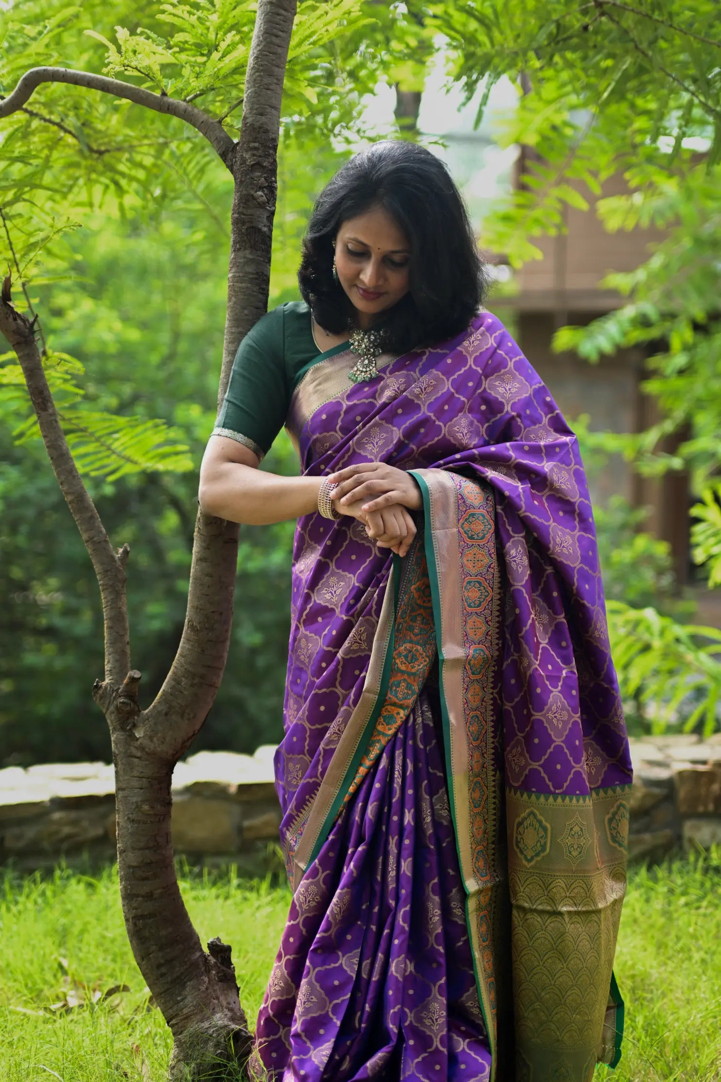 Dark Purple Banarasi Silk Saree with Zari Jaal Buttas
