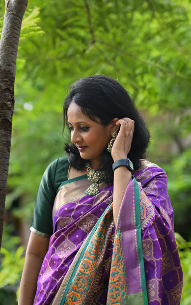 Dark Purple Banarasi Silk Saree with Zari Jaal Buttas