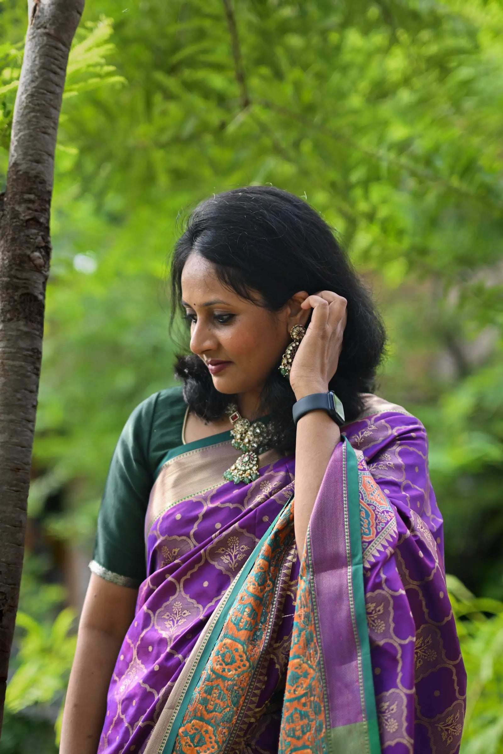 Dark Purple Banarasi Silk Saree with Zari Jaal Buttas