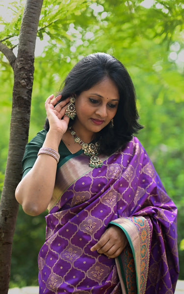 Dark Purple Banarasi Silk Saree with Zari Jaal Buttas