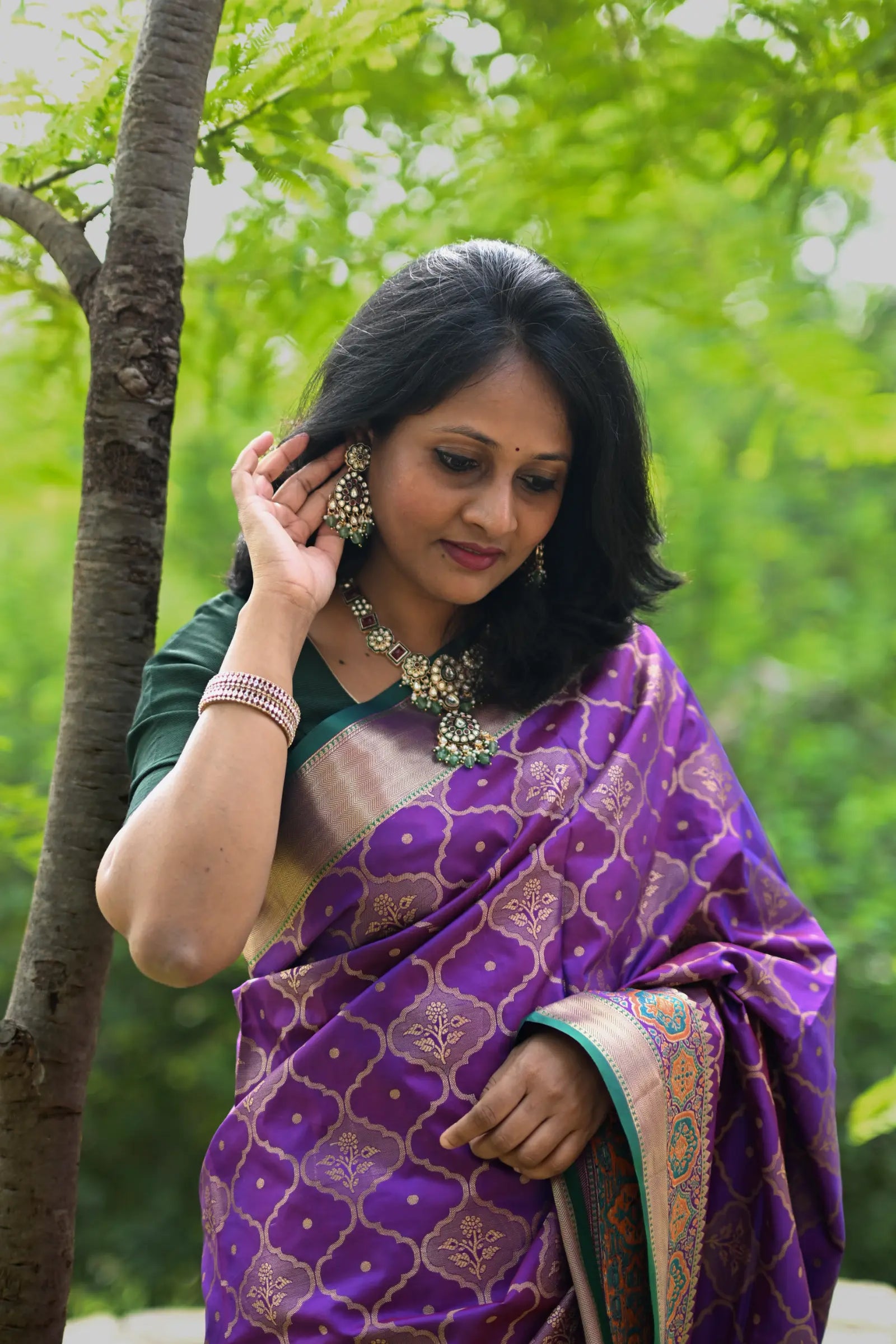 Dark Purple Banarasi Silk Saree with Zari Jaal Buttas