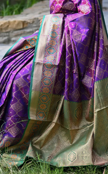 Dark Purple Banarasi Silk Saree with Zari Jaal Buttas