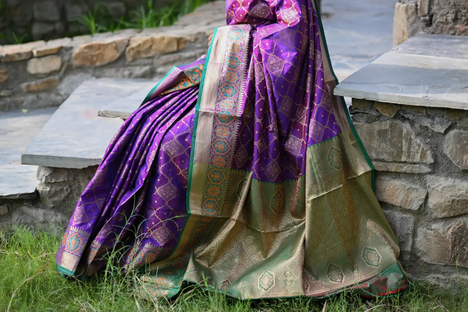 Dark Purple Banarasi Silk Saree with Zari Jaal Buttas