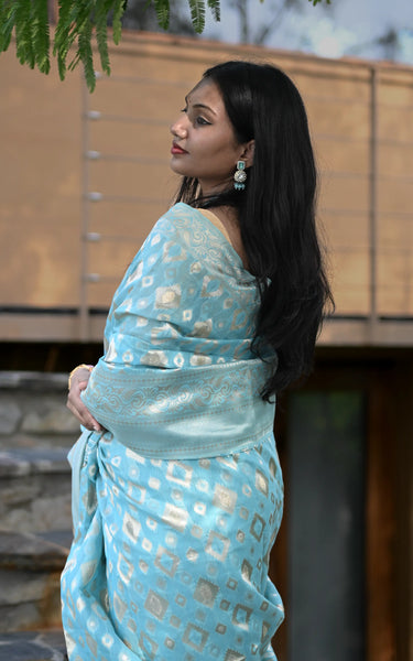Sky Blue Cotton Silk Saree with Resham Zari Weaving