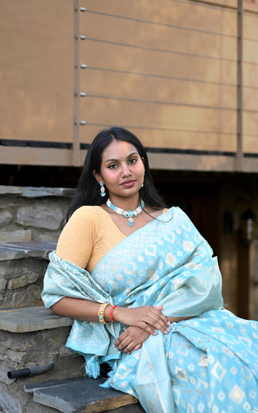 Sky Blue Cotton Silk Saree with Resham Zari Weaving