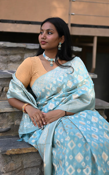 Sky Blue Cotton Silk Saree with Resham Zari Weaving