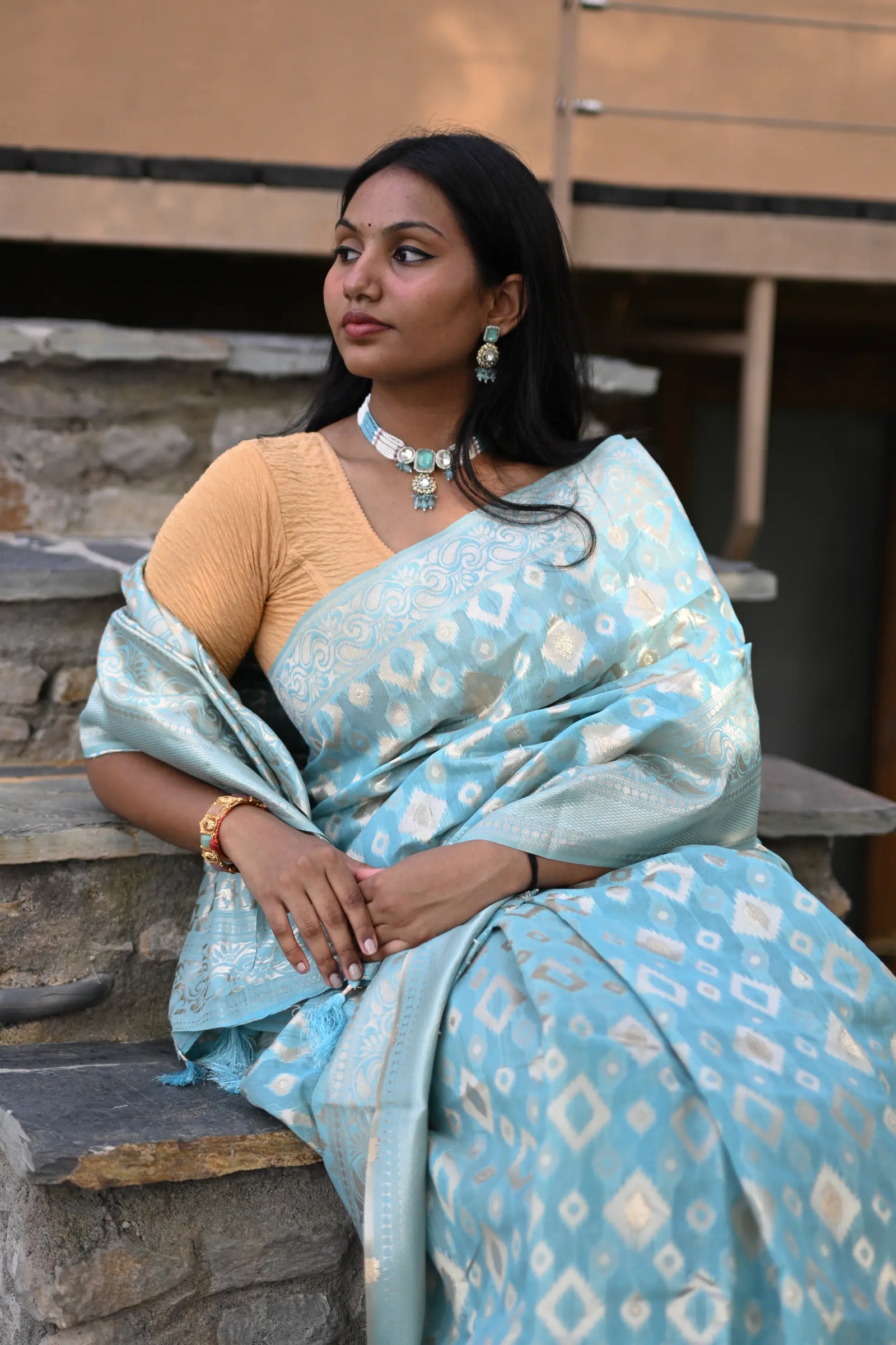Sky Blue Cotton Silk Saree with Resham Zari Weaving