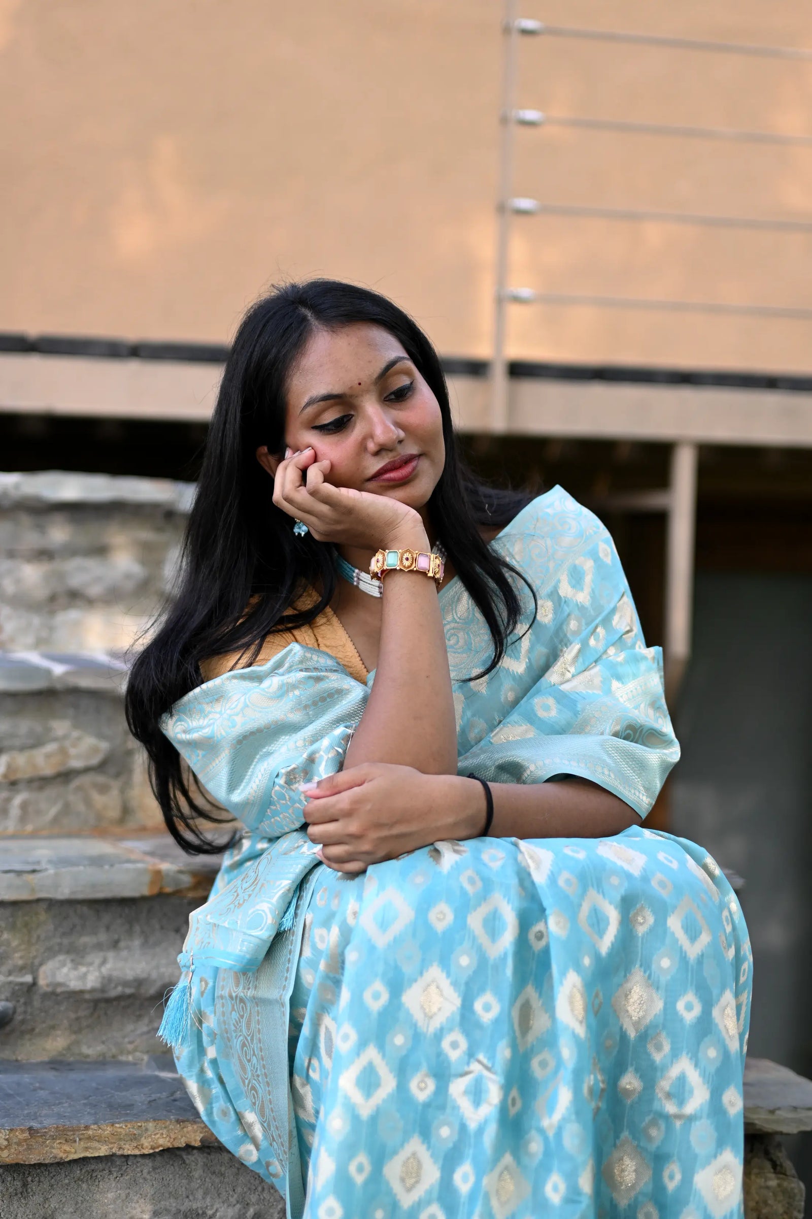 Sky Blue Cotton Silk Saree with Resham Zari Weaving
