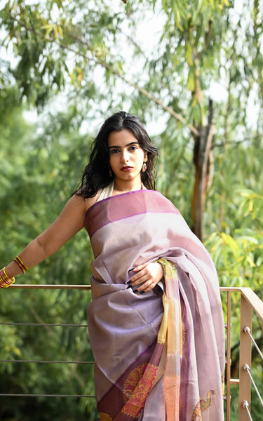 Cotton Tissue Saree With Aari Work, Multicolor Elephant & Tassels
