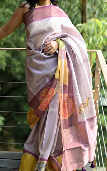 Cotton Tissue Saree With Aari Work, Multicolor Elephant & Tassels