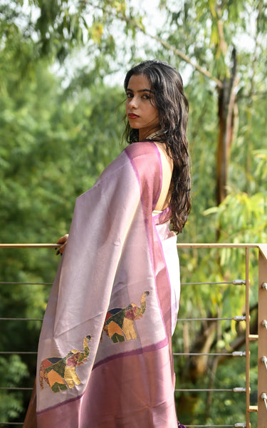 Cotton Tissue Saree With Aari Work, Multicolor Elephant & Tassels