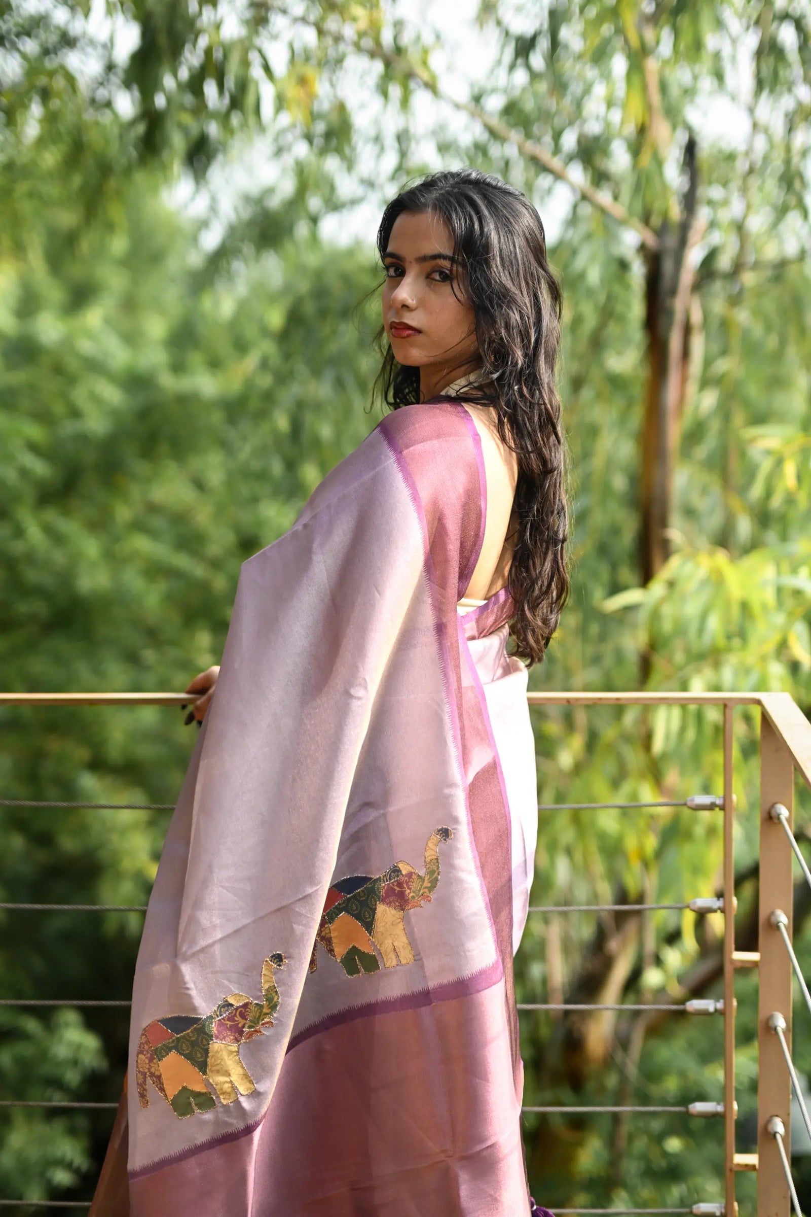 Light Magenta Cotton Tissue Saree with Aari Elephant Work