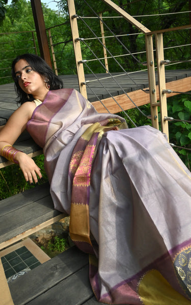 Cotton Tissue Saree With Aari Work, Multicolor Elephant & Tassels