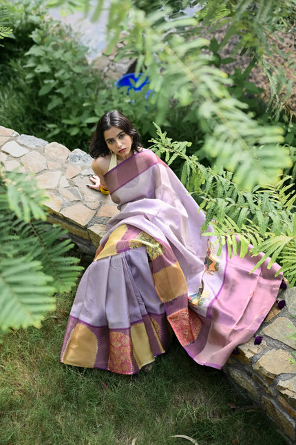 Light Magenta Cotton Tissue Saree with Aari Elephant Work