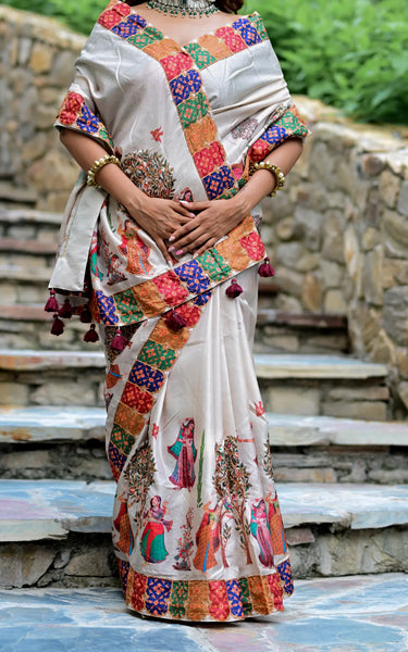 Cream Pure Tusser Saree with Aari Work L-Pallu
