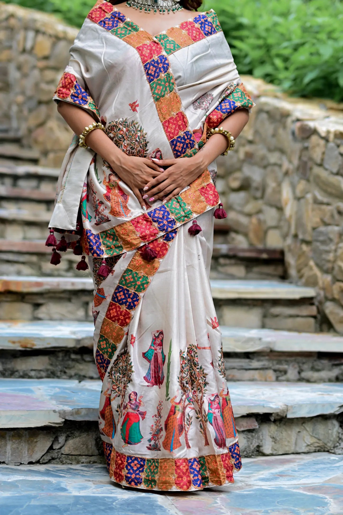 Cream Pure Tusser Saree with Aari Work L-Pallu