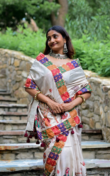 Cream Pure Tusser Saree with Aari Work L-Pallu