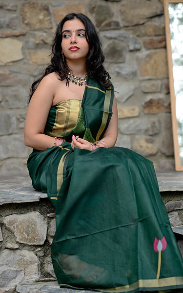 Dark Green Cotton Silk Saree with Zari Flower Weaving