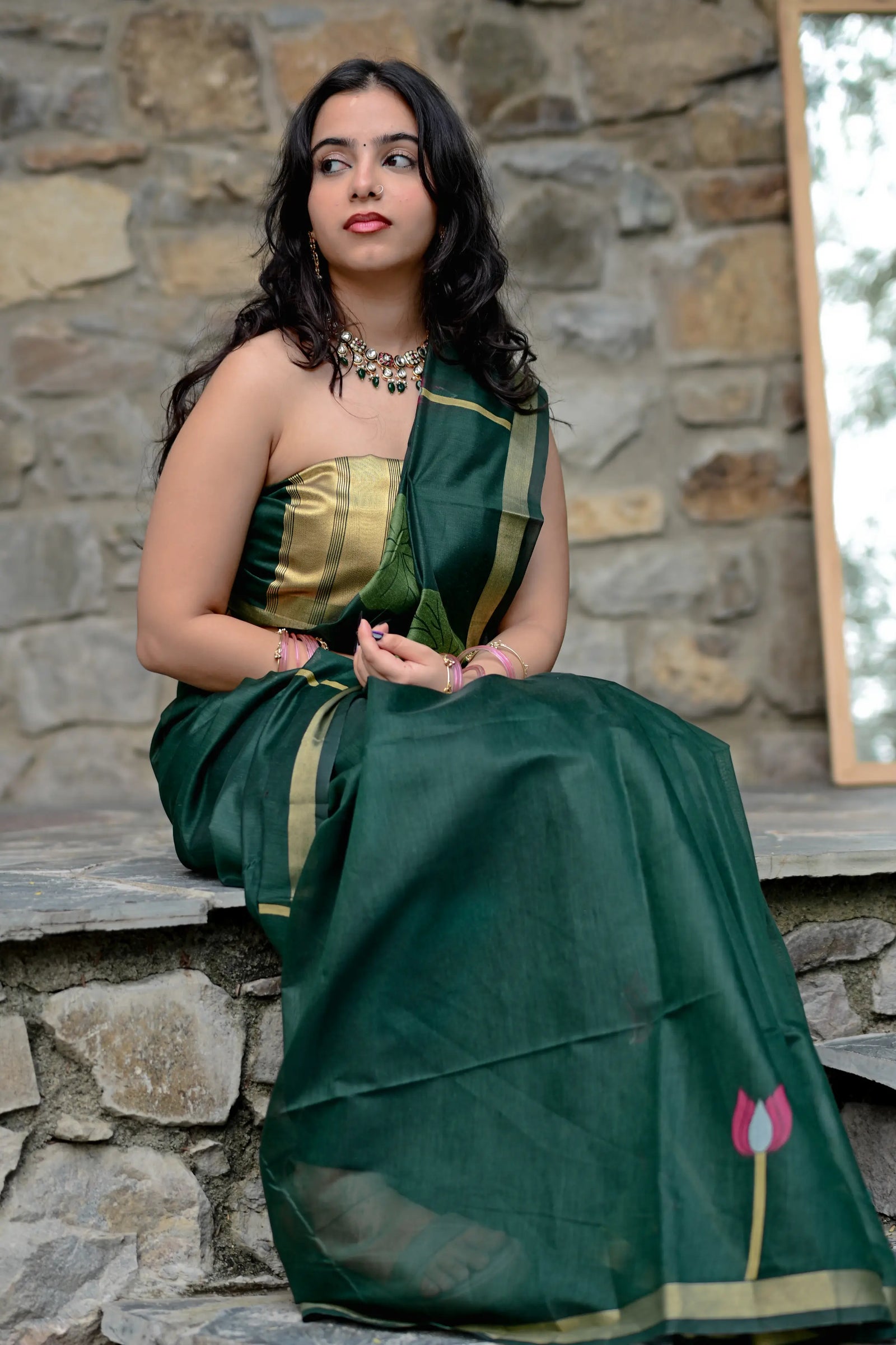 Dark Green Cotton Silk Saree with Zari Flower Weaving