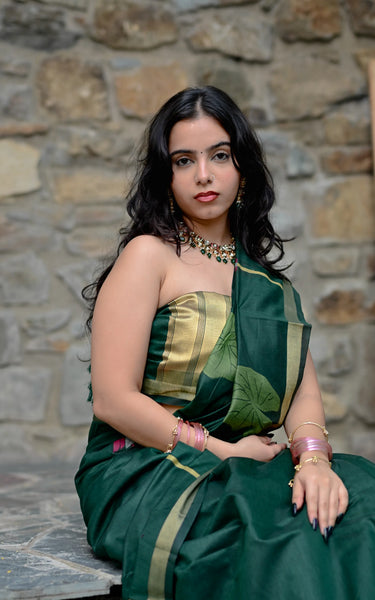 Dark Green Cotton Silk Saree with Zari Flower Weaving