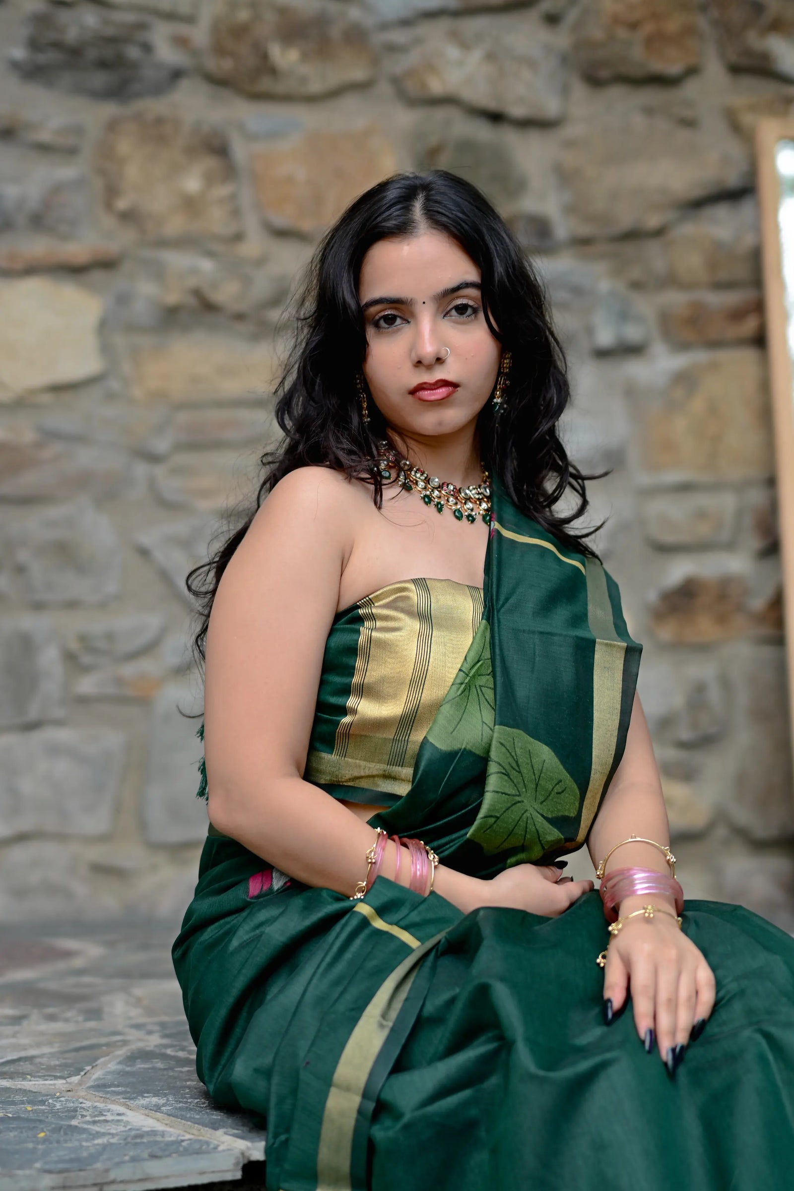 Dark Green Cotton Silk Saree with Zari Flower Weaving