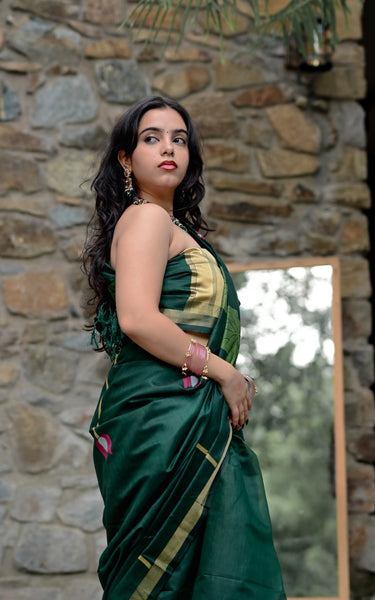 Dark Green Cotton Silk Saree with Zari Flower Weaving