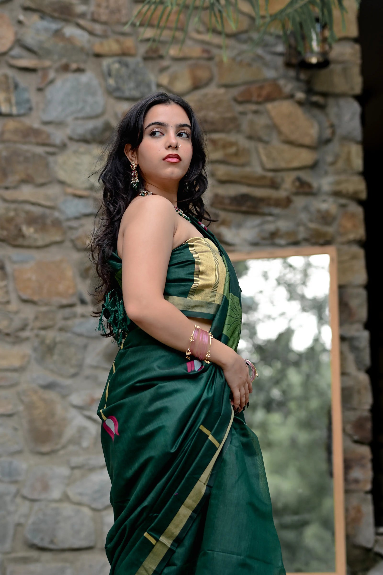 Dark Green Cotton Silk Saree with Zari Flower Weaving