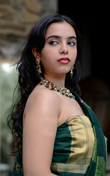 Dark Green Cotton Silk Saree with Zari Flower Weaving