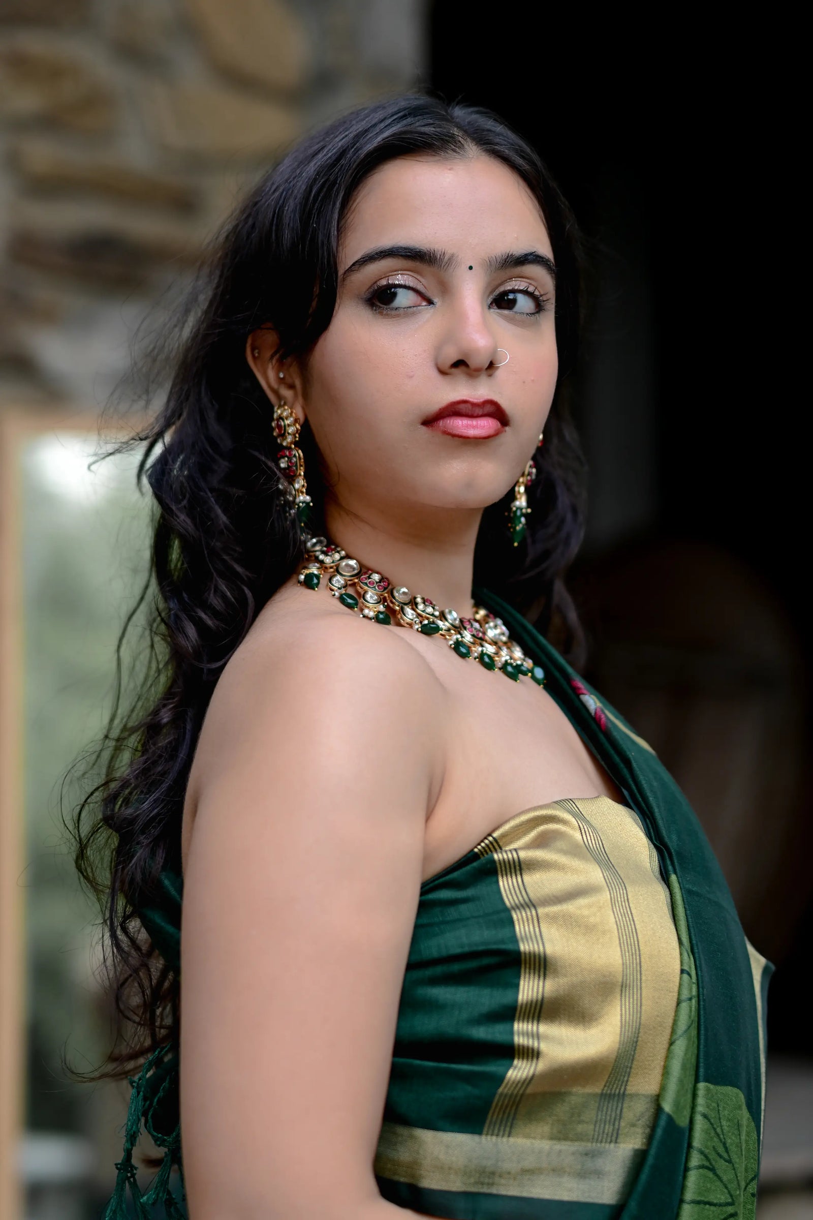 Dark Green Cotton Silk Saree with Zari Flower Weaving
