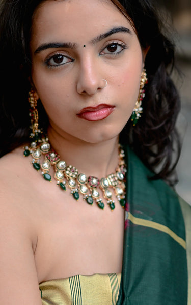 Dark Green Cotton Silk Saree with Zari Flower Weaving