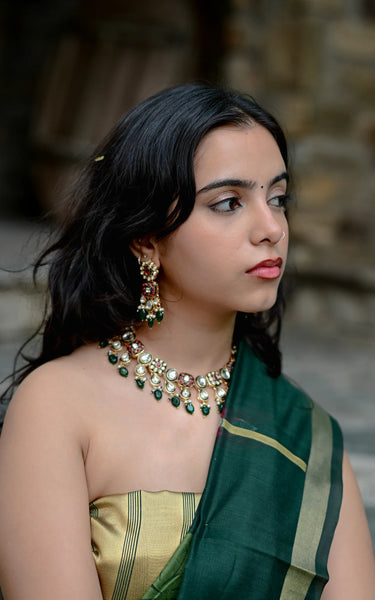 Dark Green Cotton Silk Saree with Zari Flower Weaving