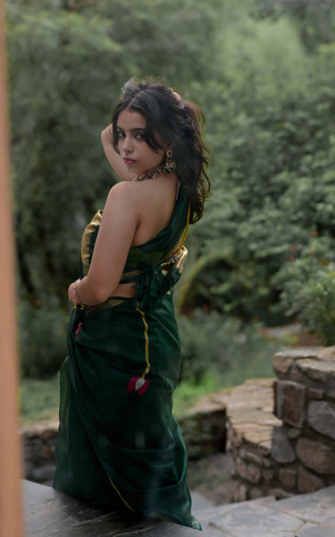Dark Green Cotton Silk Saree with Zari Flower Weaving