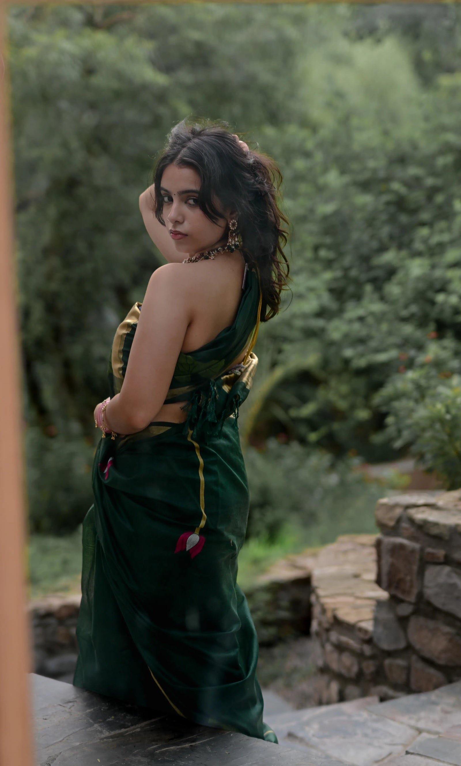 Dark Green Cotton Silk Saree with Zari Flower Weaving
