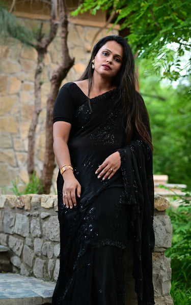 Chiffon Embroidery Saree With Pure Handwork (Black)