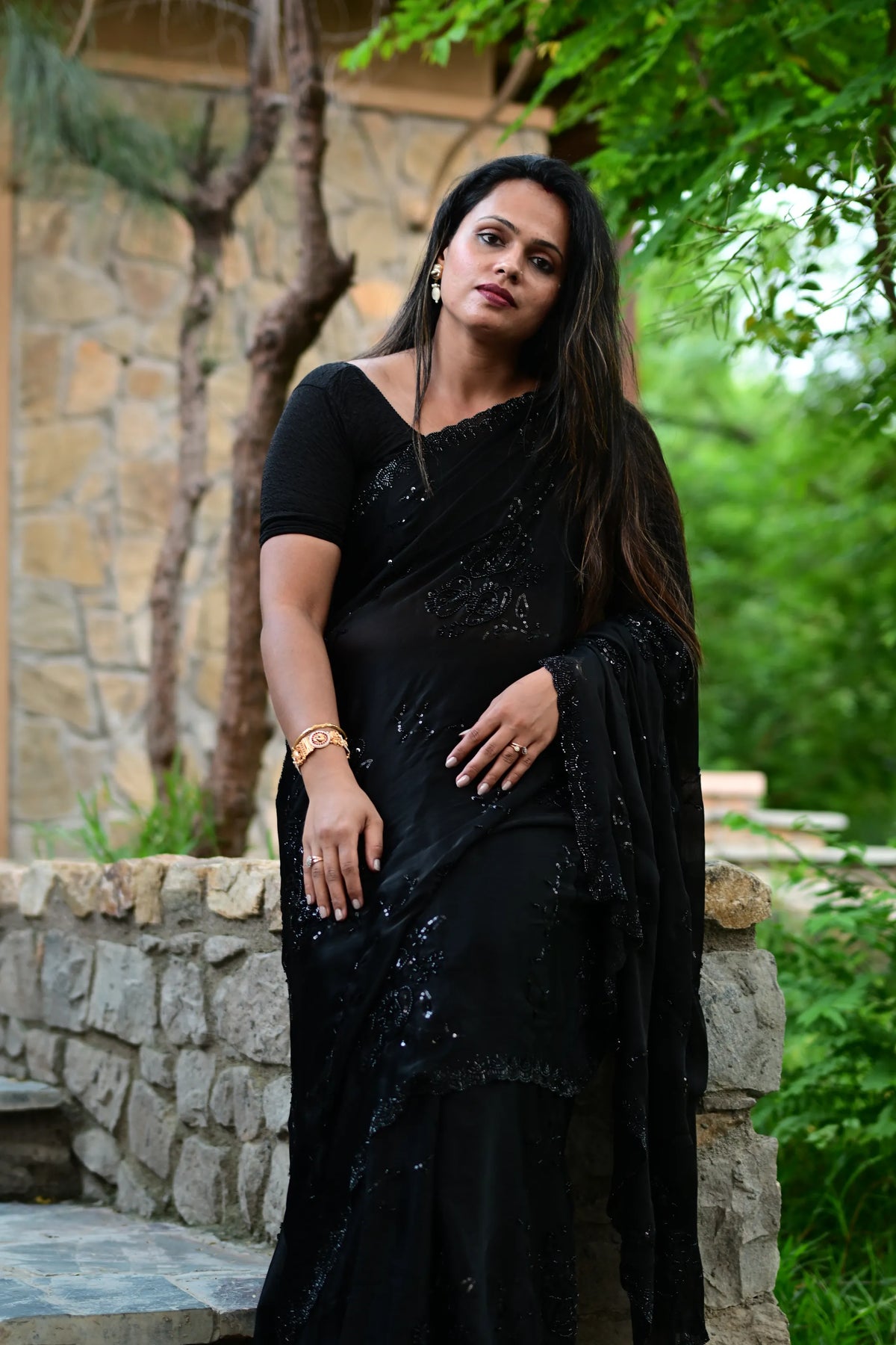 Chiffon Embroidery Saree With Pure Handwork (Black)