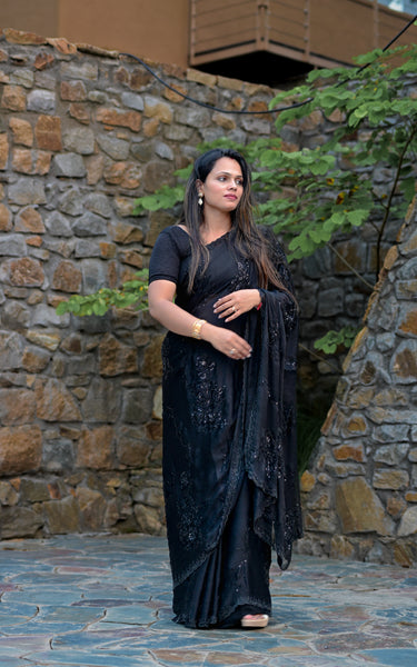 Chiffon Embroidery Saree With Pure Handwork (Black)