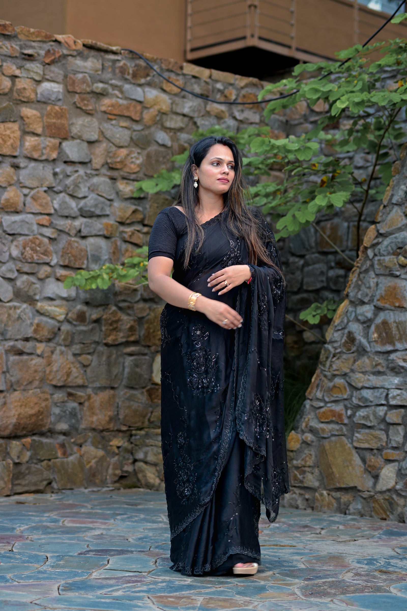 Black Pattern Chiffon Saree with Pure Handwork Border