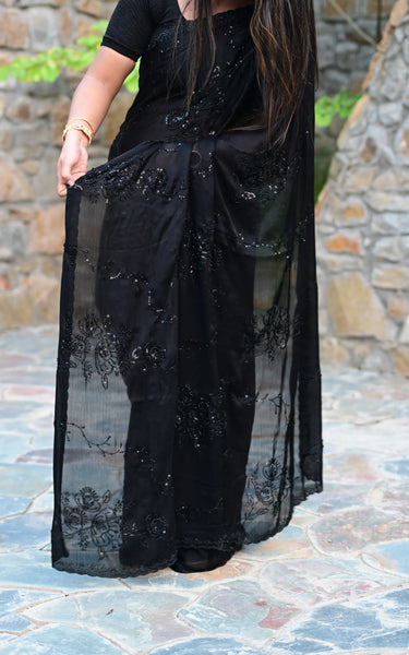 Chiffon Embroidery Saree With Pure Handwork (Black)
