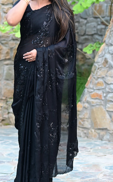 Chiffon Embroidery Saree With Pure Handwork (Black)