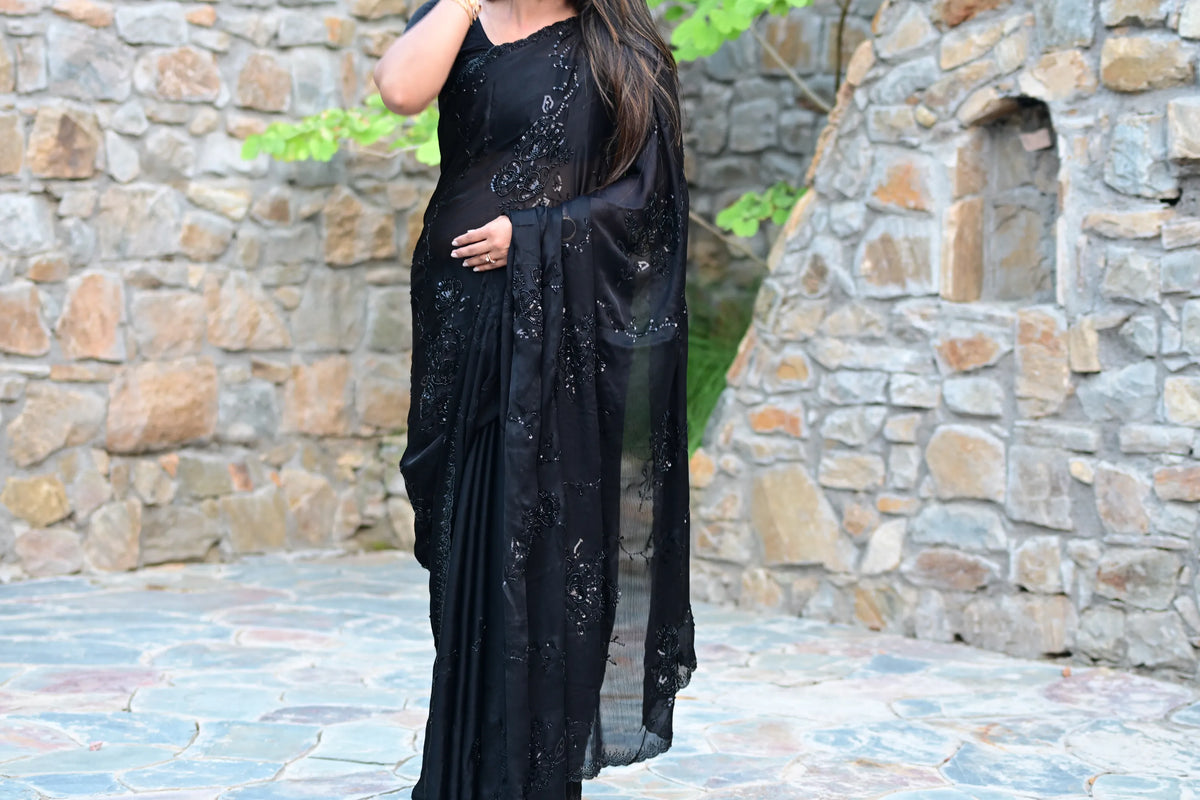 Chiffon Embroidery Saree With Pure Handwork (Black)