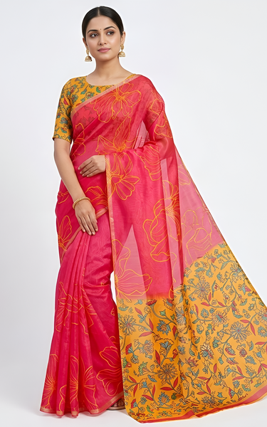 Kalamkari Printed Chanderi Linen Saree with Weaving Border (Bright Red)